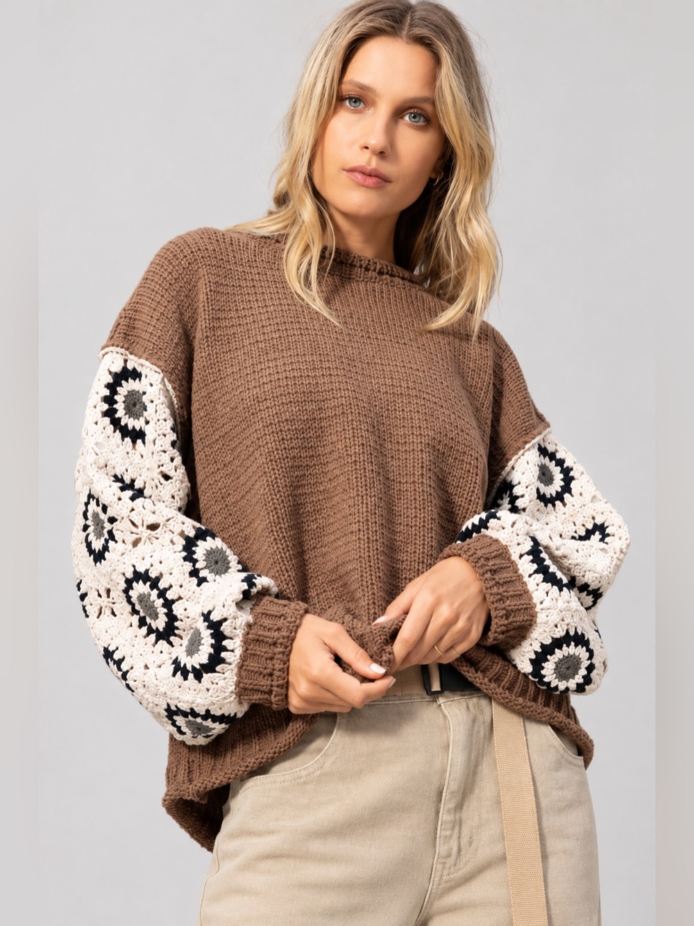 POL Boho Chic Brown Knit Sweater with Crochet Cream & Black Floral Sleeves